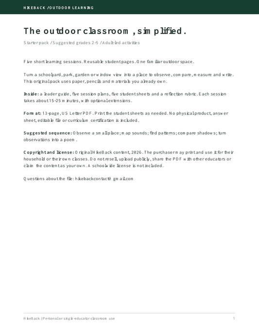 Actual opening page of the HikeBack Outdoor Learning Starter Pack, a 13-page printable PDF