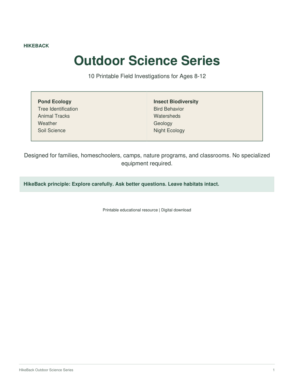 HikeBack Outdoor Science Series - 10 printable field investigations for ages 8-12